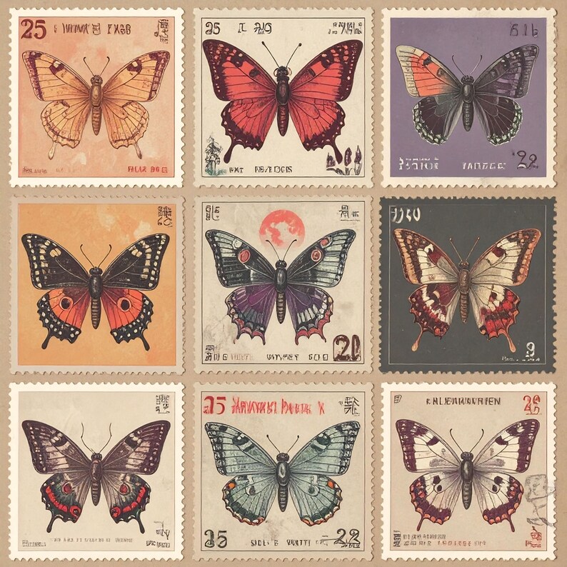 Vintage Butterfly & Insect Stamp Collage Sheets, Printable Ephemera ...