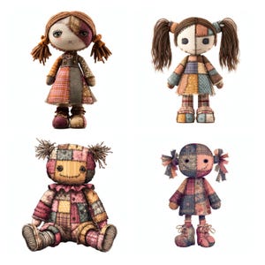 May include: Four rag dolls featuring patchwork fabric designs in various colors and patterns. Each doll has stitched facial features, yarn hair, and distinct clothing styles, including dresses and shoes, constructed from multiple fabric squares.