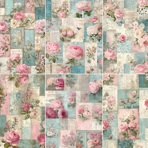 以下が含まれることがあります： ピンクのバラ、シャクヤク、その他の花の花柄アレンジメントを特徴とするパッチワークデザイン。背景には、古紙と水色の正方形が含まれており、ヴィンテージ感を演出しています。全体的なカラーパレットはソフトでロマンチックです。
