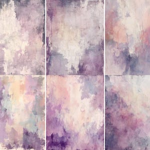 May include: Six abstract art panels with a textured, painterly effect. The colour palette includes shades of purple, lavender, cream, and peach, with visible brushstrokes and blended hues. The panels have a vertical orientation and a distressed appearance.