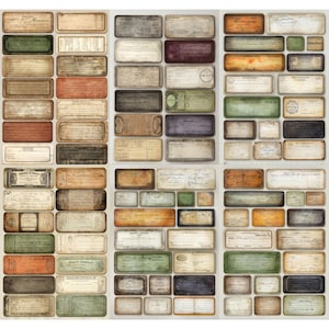 May include: A selection of vintage labels in various sizes and colours, including rectangular and square shapes. The labels feature aged textures, faded colours, and handwritten or printed text, evoking a sense of nostalgia and historical charm. The colour palette includes shades of brown, green, and orange.