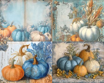 May include: A collage of four panels featuring watercolor paintings of pumpkins in various colors: orange, blue, and white. The panels have a vintage aesthetic with floral and script accents, evoking a fall or harvest theme.