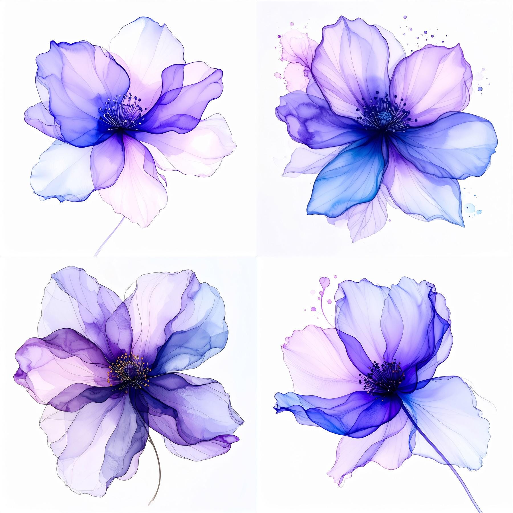 Watercolor Purple Flower Prints Abstract Floral Wall Art Set Botanical ...