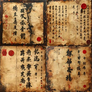 May include: A framed artwork composed of four panels of aged paper, each displaying Chinese calligraphy in black ink. Red wax seals are present on each panel. The paper has a distressed, vintage look with stains and imperfections.