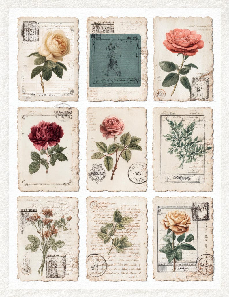 May include: Nine vintage botanical art prints featuring roses and other floral elements. Each print has a distressed, aged appearance with stamps and handwritten script. The colour palette includes shades of pink, yellow, and green against a cream background.