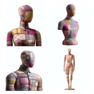 Puede incluir: Una colección de cuatro maniquíes y un torso cubiertos con una tela de retazos multicolor que presenta varios patrones de cuadros, florales y sólidos en tonos rosa, morado, amarillo y azul, con costuras visibles y articulaciones de madera.