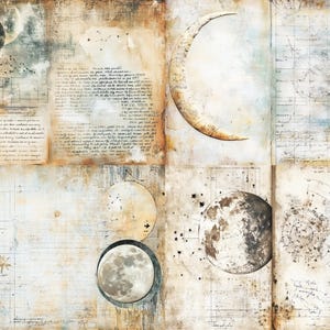 May include: A collage of vintage-style paper featuring celestial themes, including a crescent moon, full moons, star charts, and handwritten script. The background displays aged, tan-colored parchment with grid lines, ink splatters, and astronomical diagrams.