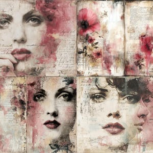 Puede incluir: Un collage de cuatro paneles con retratos de mujeres de estilo vintage y acentos florales. La obra de arte incorpora texto descolorido y una paleta de colores apagados de rosas, rojos y cremas, creando una est&eacute;tica rom&aacute;ntica y art&iacute;stica.