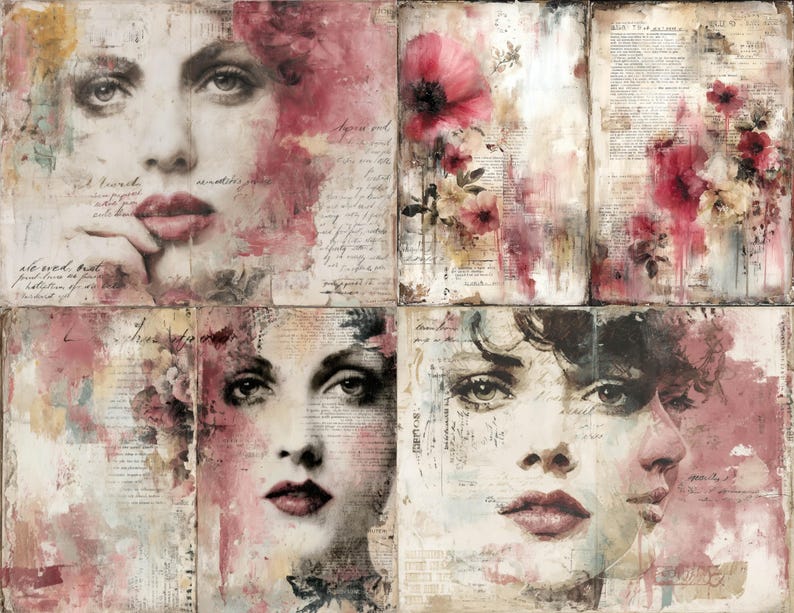 Puede incluir: Un collage de cuatro paneles con retratos de mujeres de estilo vintage y acentos florales. La obra de arte incorpora texto descolorido y una paleta de colores apagados de rosas, rojos y cremas, creando una est&eacute;tica rom&aacute;ntica y art&iacute;stica.