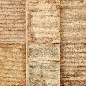 May include: A collage of six aged paper sheets, each filled with handwritten text in a faded brown ink. The paper has a textured, antique appearance with visible creases and stains, suggesting age and historical significance. The script is cursive.