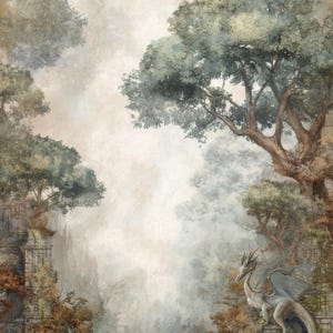 May include: An artistic illustration of a fantasy landscape featuring a white dragon perched on a stone structure. The scene is set in a misty forest with trees and a distant building, rendered in muted tones of brown, green, and gray.