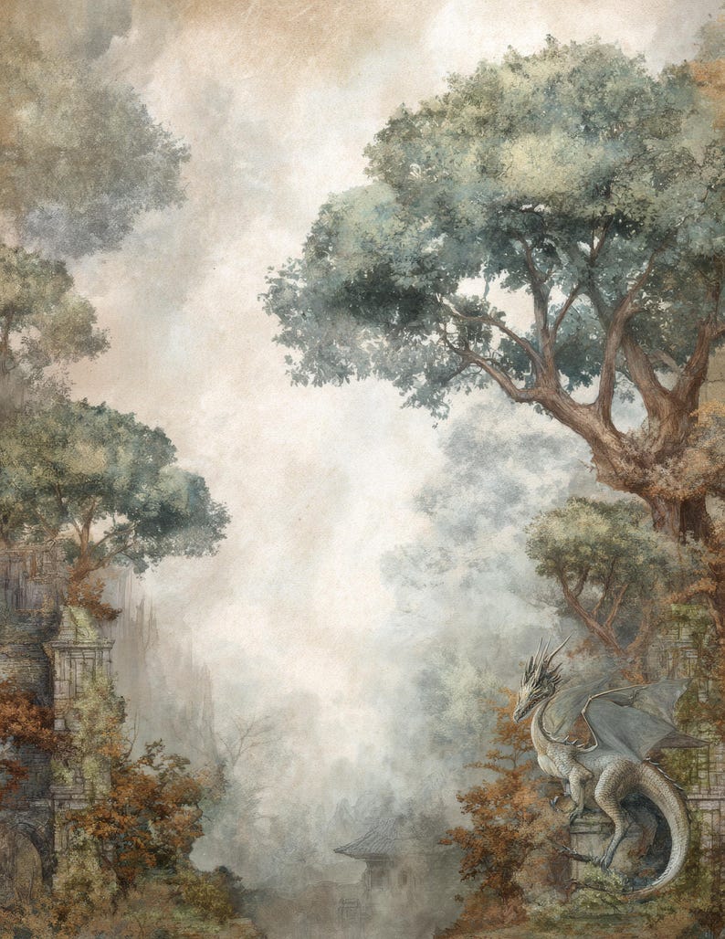May include: An artistic illustration of a fantasy landscape featuring a white dragon perched on a stone structure. The scene is set in a misty forest with trees and a distant building, rendered in muted tones of brown, green, and gray.