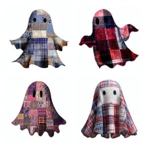May include: Four ghost-shaped ornaments featuring distinct fabric patterns. One is blue patchwork, one is red and black plaid, one is a purple and pink floral patchwork, and one is a white, red, and blue plaid with a solid white head section.