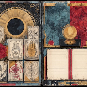 May include: An open journal with tarot cards, a globe, and lined pages. The left side features a large sunburst design, a red flower, and several tarot cards with hand and eye symbols. The right side has a globe and blank pages.