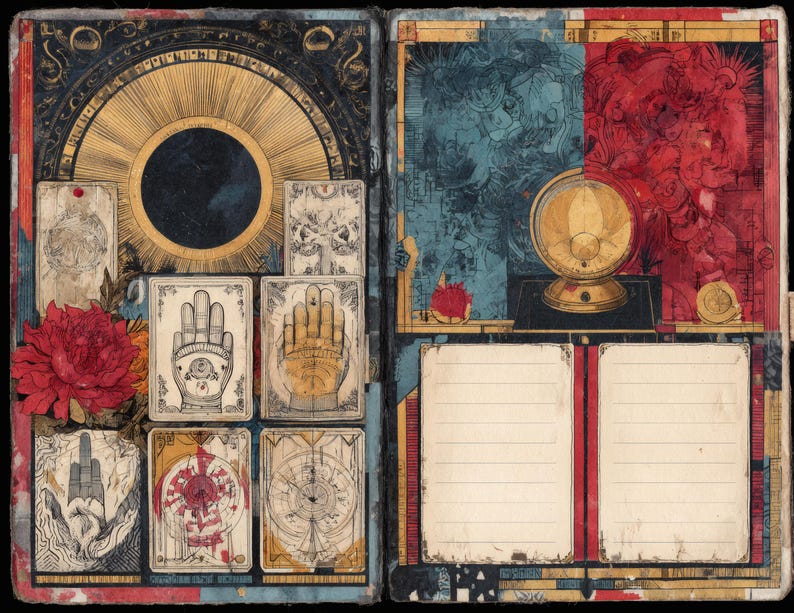 May include: An open journal with tarot cards, a globe, and lined pages. The left side features a large sunburst design, a red flower, and several tarot cards with hand and eye symbols. The right side has a globe and blank pages.