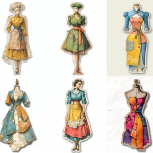 May include: A collection of six vintage-style paper cutouts of women's fashion designs. The designs include dresses, coats, and aprons in various colors such as yellow, blue, green, and orange. Each cutout has a unique design and style.