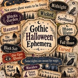 Op de afbeelding: Een verzameling decoratieve papieren labels met gotische Halloween-thema's, inclusief teksten zoals Gothic Halloween Ephemera, Witch's Garden, Midnight, Spellbound, Haunted, The Bogeyman, Black Salt, Moon Water, Full Moon, Cursed en Raven Sighting.