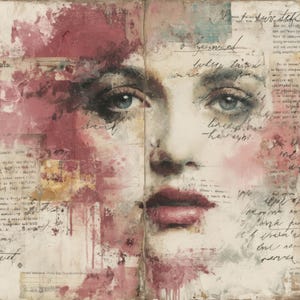 Puede incluir: Obra de arte de t&eacute;cnica mixta que representa el rostro de una mujer con ojos azules y labios rojos. La obra incorpora papel en capas con texto manuscrito y salpicaduras abstractas de pintura roja y rosa.