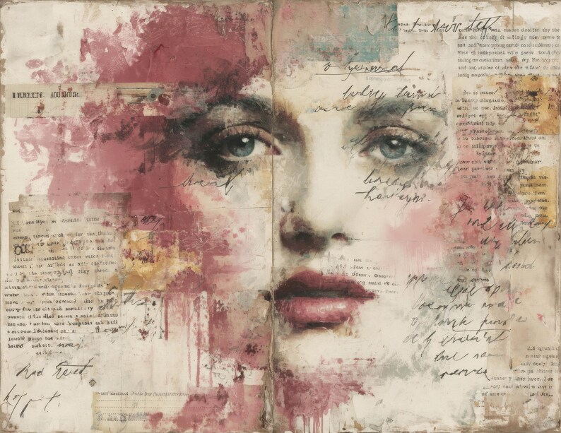 Puede incluir: Obra de arte de t&eacute;cnica mixta que representa el rostro de una mujer con ojos azules y labios rojos. La obra incorpora papel en capas con texto manuscrito y salpicaduras abstractas de pintura roja y rosa.