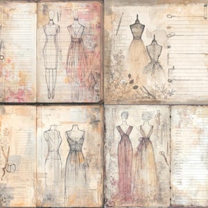 May include: A collage of four open vintage-style journals. Each page features sketches of dresses, dress forms, and sewing tools like scissors. The color palette includes beige, pink, and brown tones, creating a classic, artistic aesthetic.