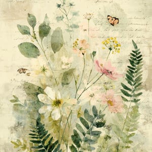 May include: Watercolor painting of wildflowers and ferns in shades of green, pink, and white, with a butterfly. The artwork has a vintage aesthetic with faded script in the background. The overall theme is nature and botanical.
