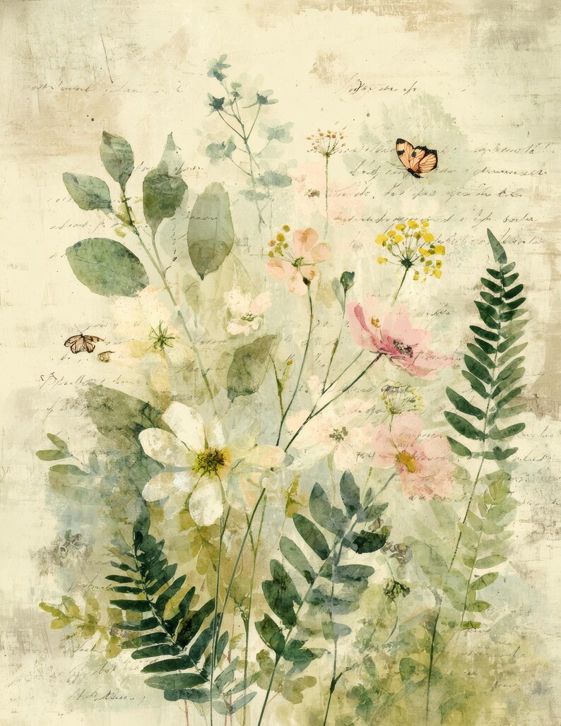 May include: Watercolor painting of wildflowers and ferns in shades of green, pink, and white, with a butterfly. The artwork has a vintage aesthetic with faded script in the background. The overall theme is nature and botanical.