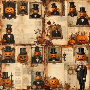 Feuilles de journal Halloween tête de citrouille imprimables kit scrapbooking fantasmagorique automne gothique feuilles de papier éphémère vintage pour travaux manuels