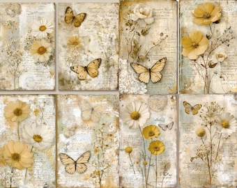 54 Victorian Floral Junk Journal Pages, Botanical Butterfly Digital Paper, Shabby Chic Antique Backgrounds, Romantic Ephemera