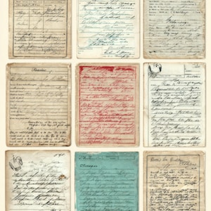 Op de afbeelding: Een verzameling van negen vintage ephemera-kaarten op verouderd papier. Elke kaart toont handgeschreven tekst in verschillende inkten, sommige vervaagd. De kaarten zijn in een raster gerangschikt en tonen diverse handschriftstijlen en lay-outs.
