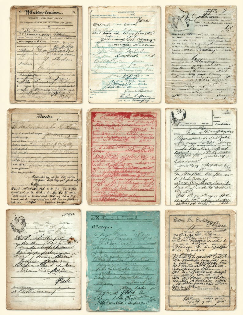 Op de afbeelding: Een verzameling van negen vintage ephemera-kaarten op verouderd papier. Elke kaart toont handgeschreven tekst in verschillende inkten, sommige vervaagd. De kaarten zijn in een raster gerangschikt en tonen diverse handschriftstijlen en lay-outs.