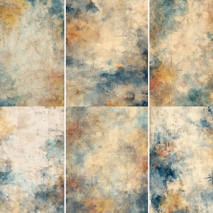 Könnte beinhalten: Ein Satz von sechs abstrakten Kunstdrucken mit einem nautischen Vintage-Thema. Die Drucke zeigen einen Aquarellstil mit einer Mischung aus Blau-, Beige- und Orangetönen. Jeder Druck enthält Kompassrosen- und Sterndesigns.