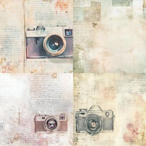 Puede incluir: Un collage digital que presenta cuatro secciones distintas con ilustraciones de cámaras vintage, escritura cursiva a mano y patrones florales descoloridos en tonos beige, marrón y crema. La composición incluye múltiples iconos de cámaras.