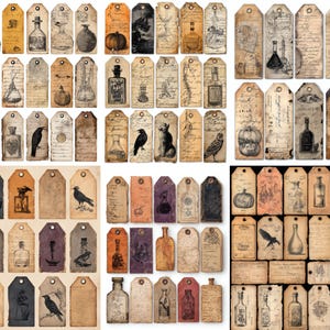 Könnte beinhalten: Eine Sammlung von Papieranhängern im Vintage-Stil mit verschiedenen Illustrationen. Die Anhänger zeigen Bilder von Flaschen, Kürbissen, Raben und anderen gotischen Elementen. Die Farbpalette umfasst Sepiatöne, Schwarz und Creme, wodurch eine antike Ästhetik entsteht.