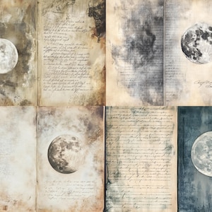 May include: A collection of six rectangular paper sheets featuring aged, stained textures and handwritten cursive script. Each sheet displays a detailed, realistic illustration of a full moon in varying shades of grey, white, and dark blue.