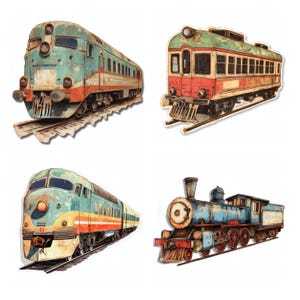 May include: A set of four die-cut stickers featuring vintage train illustrations. The collection includes two streamlined diesel locomotives in teal and orange, a classic red and green passenger railcar, and a blue steam engine with red wheels.