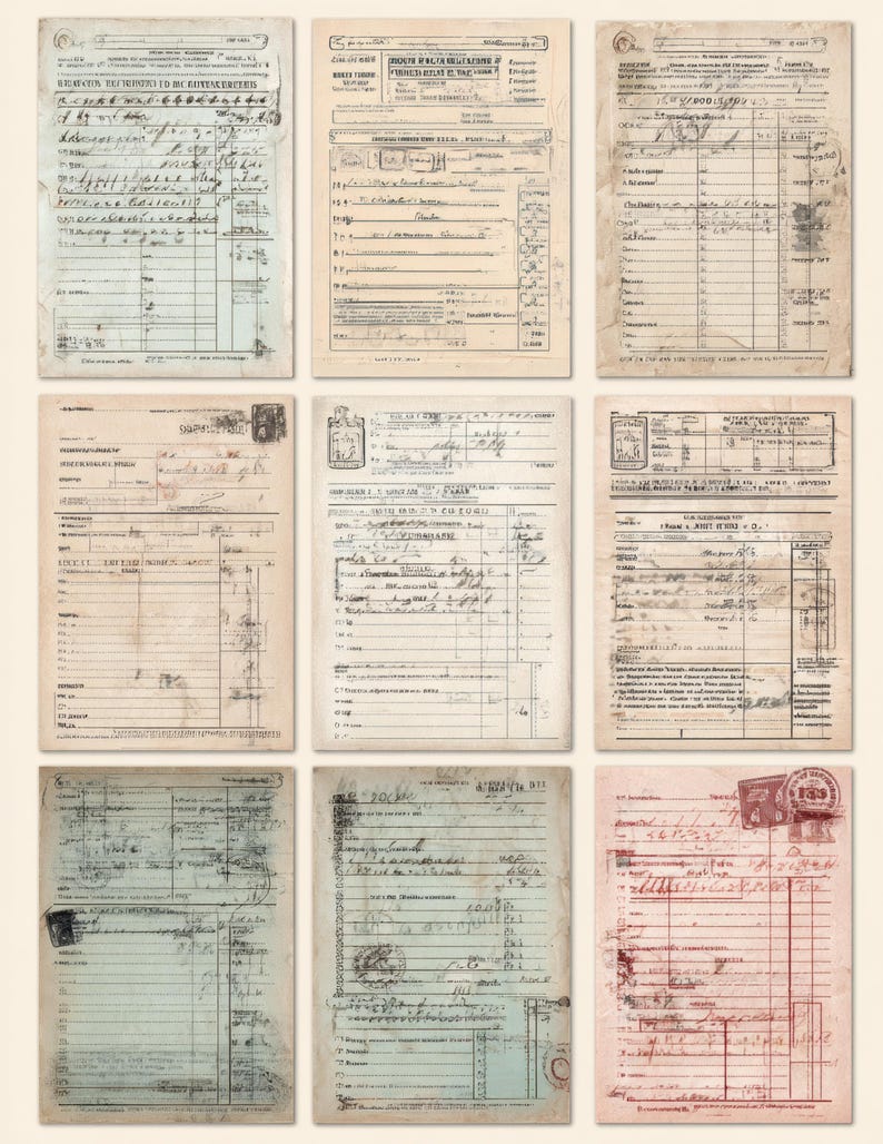 Op de afbeelding: Negen vintage registerbladen met handgeschreven tekst, stempels en verouderd papier. De bladen vari&euml;ren in kleur, waaronder beige, blauw en roze, met zichtbare kreukels en slijtage. De documenten bevatten kolommen, lijnen en diverse markeringen.