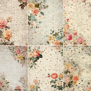 May include: A collage of six vintage-style floral papers. Each paper features a cream background with faded script and polka dots. Watercolor-style roses in shades of pink, peach, and yellow are arranged in the corners and edges of the papers.