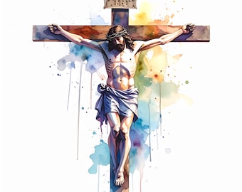 Art mural numérique aquarelle de Jésus-Christ, portrait imprimable, décoration d'intérieur chrétienne, oeuvre d'art religieux catholique pour la salle de prière de Pâques ou un cadeau