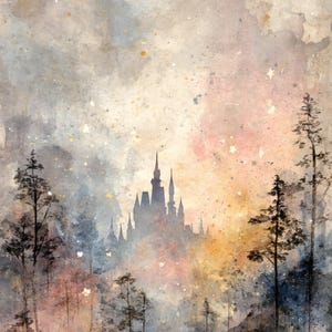 May include: Watercolor painting of a castle silhouette in a forest. The artwork features a soft color palette of pink, blue, and yellow hues, with tall trees in the foreground and a castle in the background. The style is reminiscent of a fairytale.