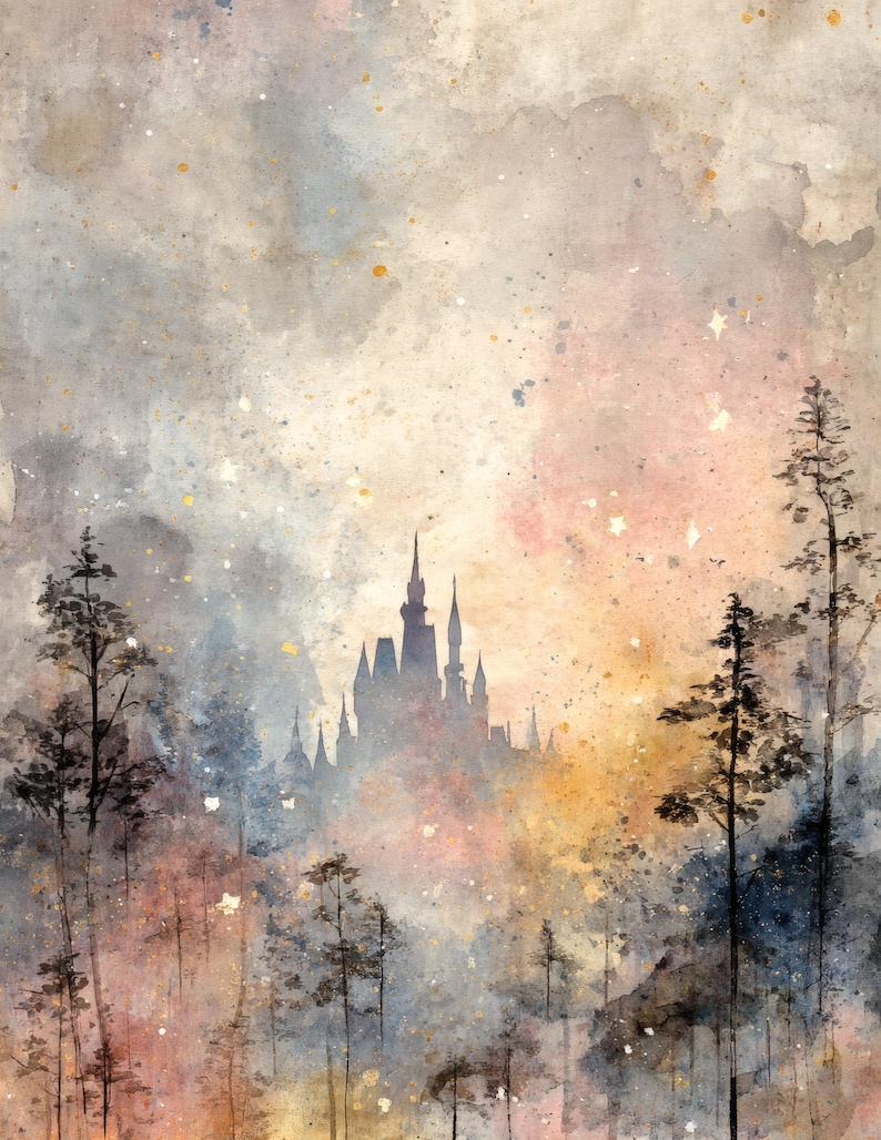 May include: Watercolor painting of a castle silhouette in a forest. The artwork features a soft color palette of pink, blue, and yellow hues, with tall trees in the foreground and a castle in the background. The style is reminiscent of a fairytale.