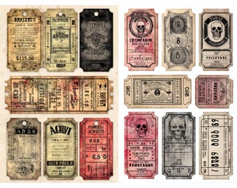 Vintage Halloween movie ticket collage sheet printable spooky cinema ephemera for junk journaling scrapbooking and halloween crafts
