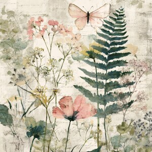 May include: Watercolor painting of a field of wildflowers and ferns in soft pastel colors. A light pink butterfly hovers above the plants. The background has faded script, giving the image a vintage feel.