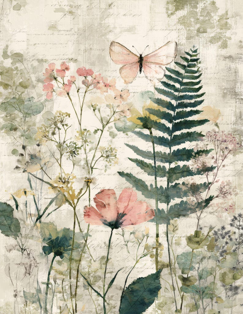 May include: Watercolor painting of a field of wildflowers and ferns in soft pastel colors. A light pink butterfly hovers above the plants. The background has faded script, giving the image a vintage feel.