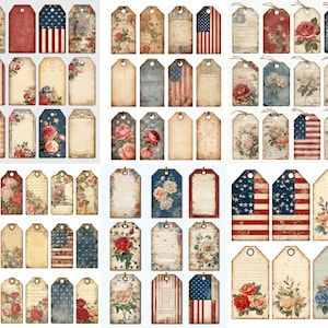 May include: A collection of vintage-style gift tags with various designs. Some tags feature the American flag, while others showcase floral arrangements in shades of red, pink, and blue. The tags have a distressed, aged appearance, with a hole at the top for string.