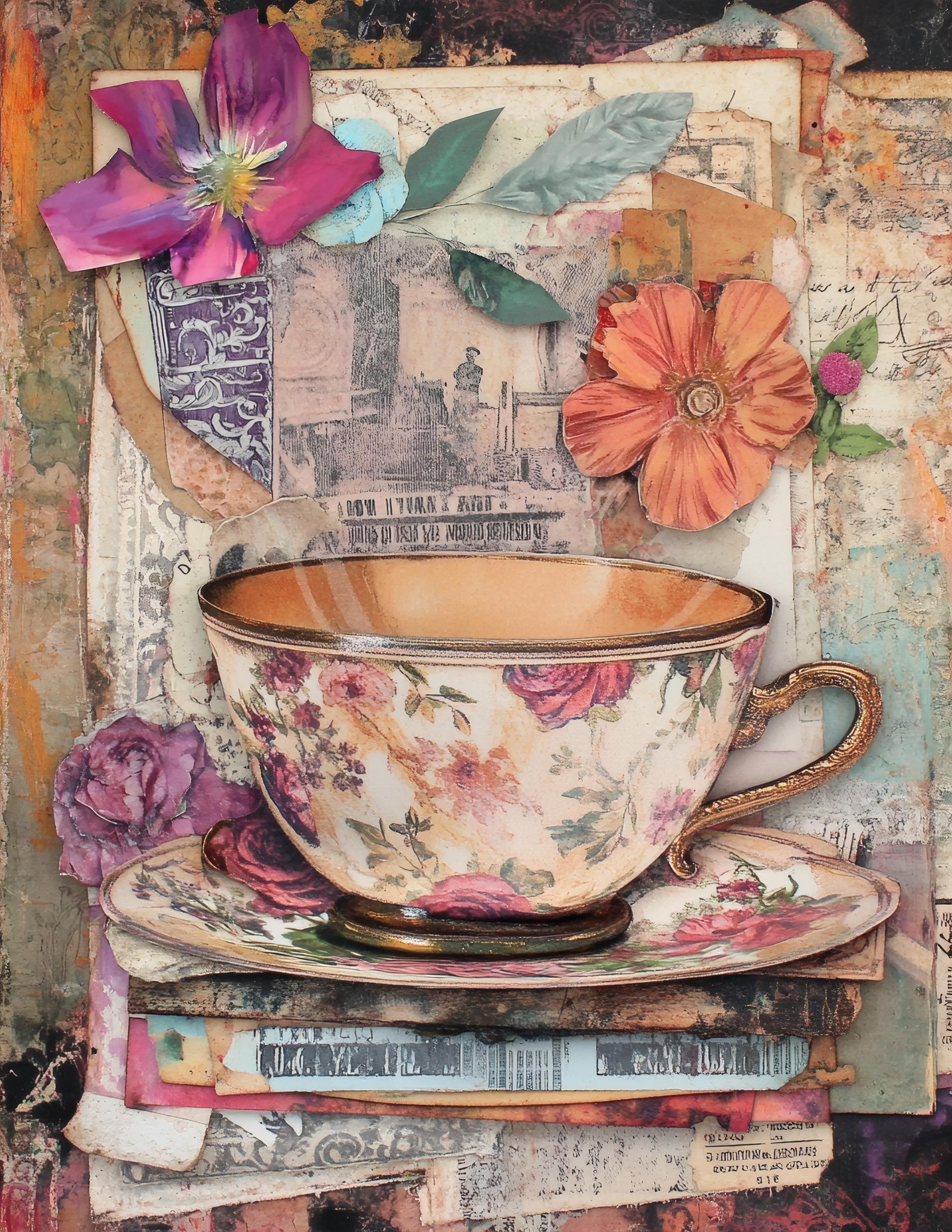 52 Teacup Vintage Pages, Mixed Media Junk Journal Kit, Floral Ephemera ...