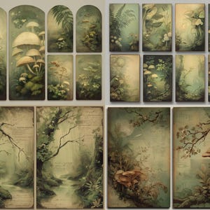 May include: A collection of vintage-style art prints featuring forest scenes with mushrooms, ferns, and trees. The color palette includes muted greens, browns, and creams, creating a whimsical and natural aesthetic. The prints vary in size and shape, suitable for wall decor.