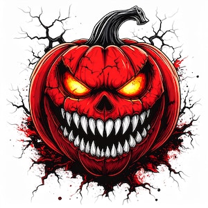 Può includere: Illustrazione digitale di una zucca rossa minacciosa con occhi gialli luminosi e un ampio sorriso dentuto. La zucca ha un gambo nero ed è circondata da linee nere incrinate e schizzi rossi, creando un tema di Halloween spettrale.