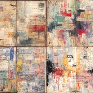 May include: Abstract mixed media artwork showing four open book pages. The pages are layered with vintage ephemera, including handwritten notes, stamps, and receipts. Splashes of red, blue, yellow, and green paint add a vibrant contrast to the aged paper.