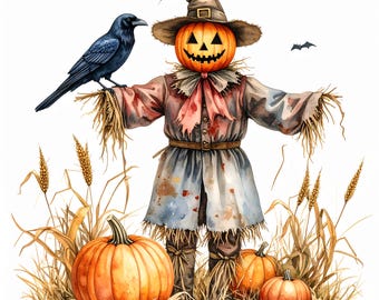 12 Halloween Scarecrow Clipart Pumpkin Head Crow Autumn Harvest Field Fall Pumpkins Watercolor Rustic Farmhouse Decor Spooky Season