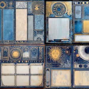 May include: A collection of celestial-themed scrapbook paper sheets. Each sheet features a blue and gold color scheme with suns, moons, stars, and celestial map designs. The sheets have various rectangular and square frames.